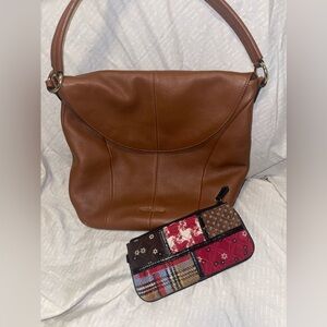 Vera Bradley Brown Leather Shoulder Bag with matching pouch.